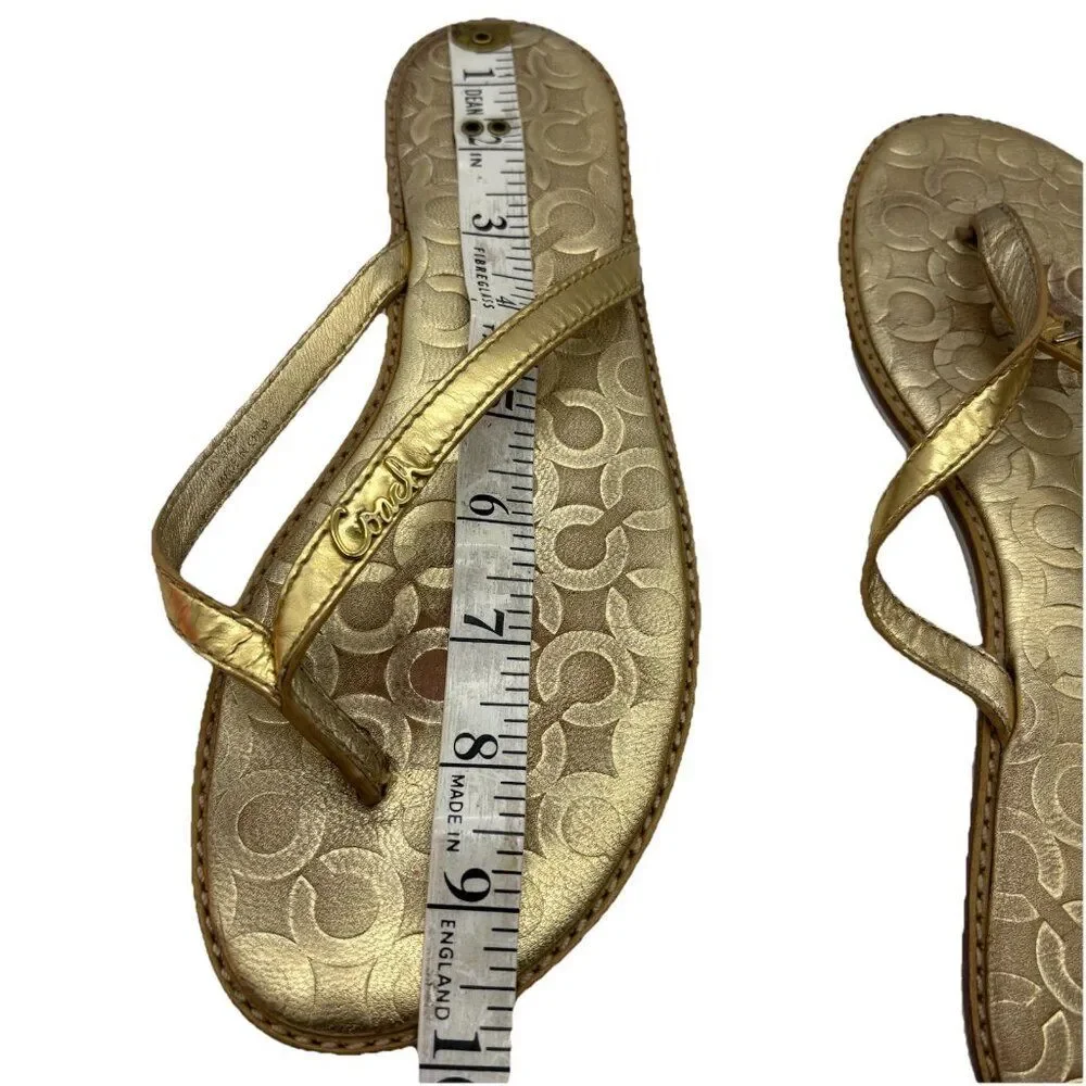 Coach Sandals Flip Flop Thong Women’s Size 8 B Gold Signature Monogram Print